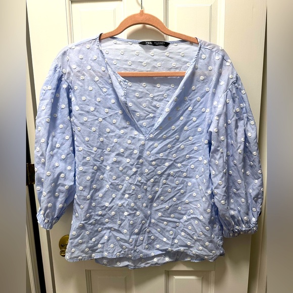 Zara Tops - Zara Light Blue Blouse with White Polka Dots